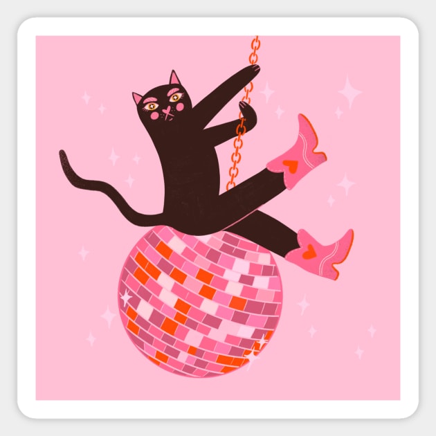 Yeehaw! Lets Party! Cute Cat in cowboy boots riding disco ball illustration Sticker by WeirdyTales